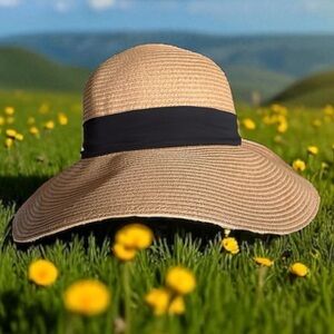 🐶 Tahari Tan Wide-Brim Hat with Black Band NWT